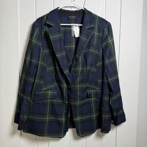Lane Bryant Perfect Drape Green And Blue Plaid Blazer NWT Size 18 One Button